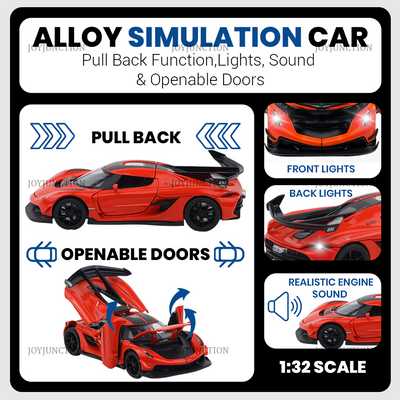 Koenigsegg Jesko Pullback Toy Car - Light, Sound with Openable Doors, 1:32 Scale (Red)