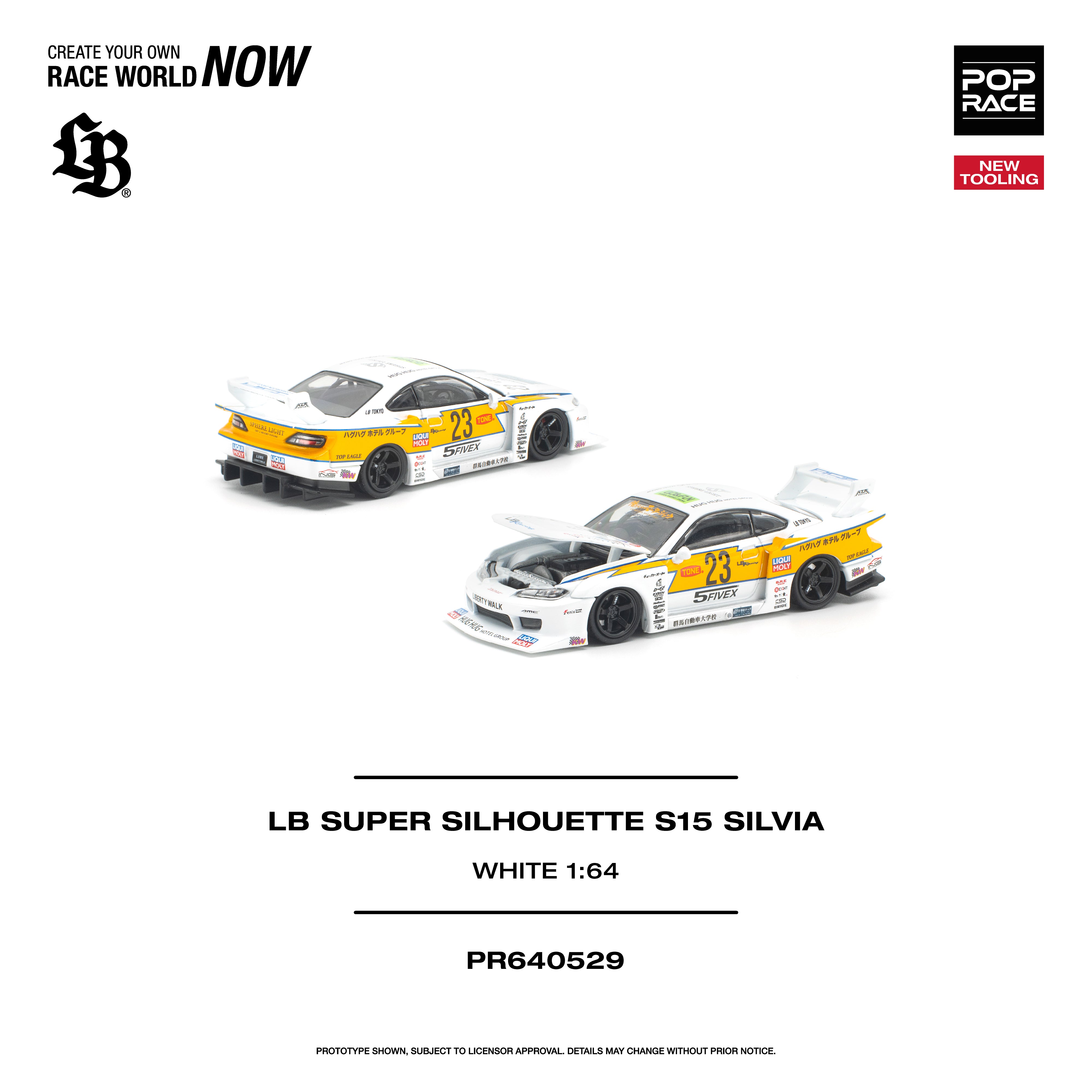 Premium scale diecast model car  – *PRE-ORDER* Lb Super Silhouette S15 Silvia (Opening Engine Hood), 1:64 Scale (White) Collectible