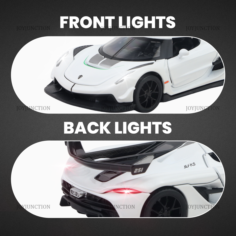 Koenigsegg Jesko Pullback Toy Car - Light, Sound with Openable Doors, 1:32 Scale (White)