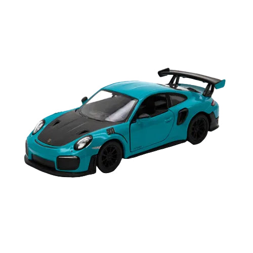KT5408W – Porsche 911 GT2 RS die-cast model, blue with black hood, black wheels, and large rear spoiler, shown from a front side angle on a white background. Scale: 1:46.