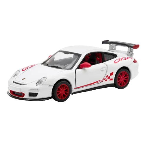 A KT5352W – 2010 Porsche 911 GT3 RS die-cast model in white, 1:46 scale, featuring red accents, red wheels, rear spoiler, and racing decals, shown from the front left on a white background.