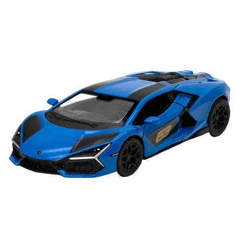 An orange KT5459WF – Lamborghini Revuelto (Livery Edition) 1:46 die-cast model car with a detailed angular design, black wheels, livery graphics, and an open driver door, shown from a front-side angle on a white background.