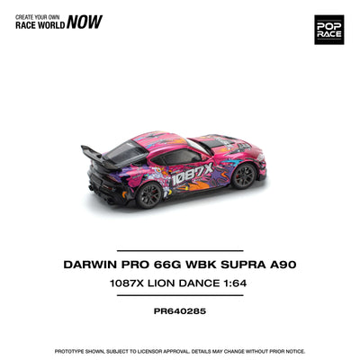 Premium scale diecast model car  – Darwin Pro 66G Wbk Supra A 90-1087X Lion Dance, 1:64 Scale (Pink) Collectible