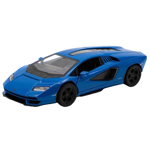 The KT5437W Lamborghini Countach LPI 800-4 in blue (1:46 scale) by Kinsmart Cars features black wheels and tinted windows, shown from a front-side angle against a white background.