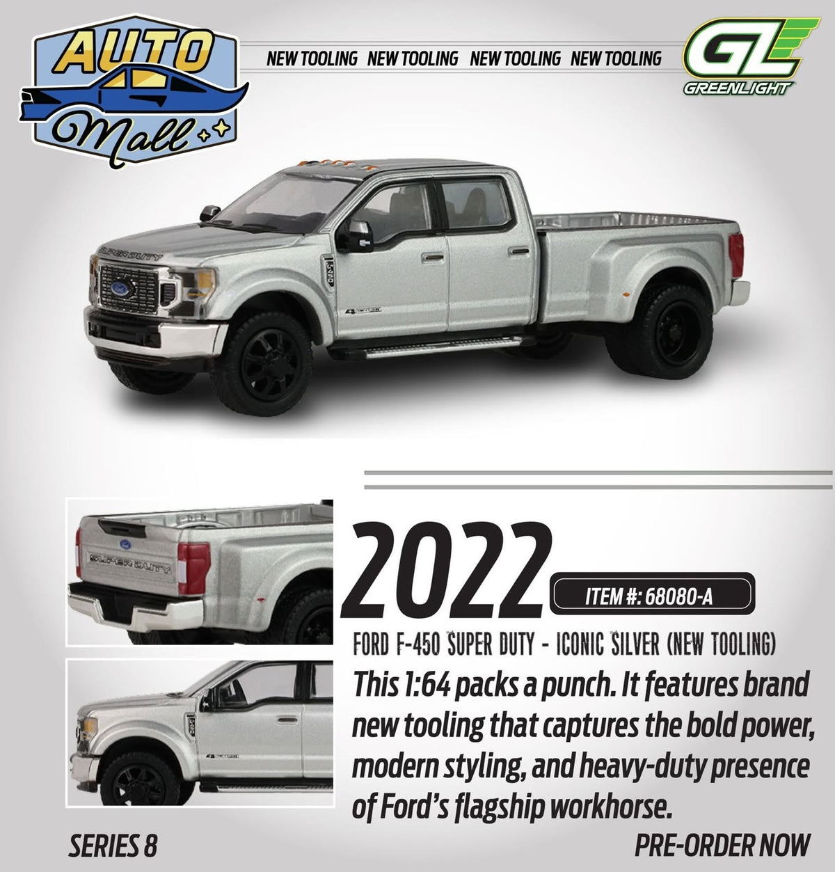 Auto Mall Series 8 - 2022 Ford F-450 Super Duty, 1:64 Scale (Iconic Silver)