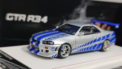 Nissan GTR R34 (Limited to 999pcs) Silver with Blue Lines, 1:64 Scale