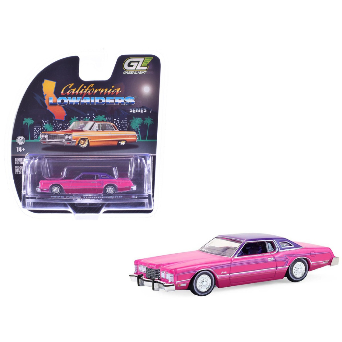 *PRE-ORDER*  Ford Thunderbird Lowrider Pink Metallic with Purple Top and Graphics with Purple Interior 1975, 1:64 Scale