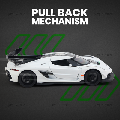 Koenigsegg Jesko Pullback Toy Car - Light, Sound with Openable Doors, 1:32 Scale (White)