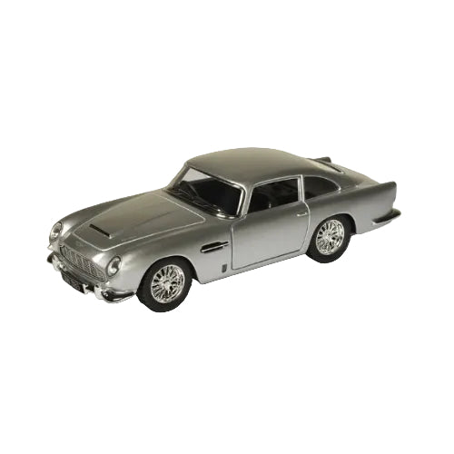 A KT5406W Aston Martin DB5 die-cast model in grey, 1:46 scale, featuring detailed design, chrome wheels, and black windows, shown from a front-side angle on a white background.