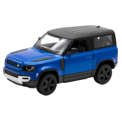 A KT5428W Land Rover Defender 90 die-cast model in blue with a black roof and accents, shown from the front left on a white background. 1:46 scale—ideal for Kinsmart Cars collectors.