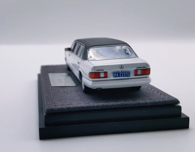 Premium scale diecast model car  – *HEC 2026* Mercedes S-Class W126 44" Limosine Trasco 1000SEL, 1:64 Scale (White) Collectible