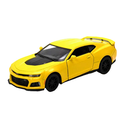 A 1:46 scale KT5399W – 2017 Camaro ZL1 die-cast model in yellow with black accents and tinted windows, shown from a front-side angle on a white background.