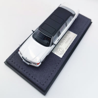 Premium scale diecast model car  – *HEC 2026* Mercedes S-Class W126 44" Limosine Trasco 1000SEL, 1:64 Scale (White) Collectible