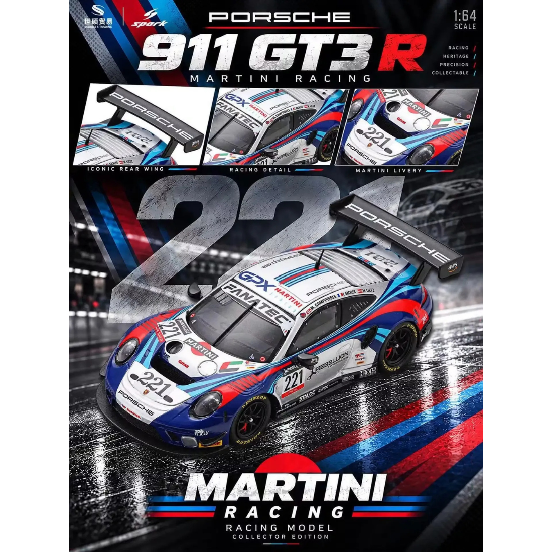 *APAXPO 2026* Porsche 911 GT3 R #221 Silver GPX Martini Racing livery, 1:64 Scale
