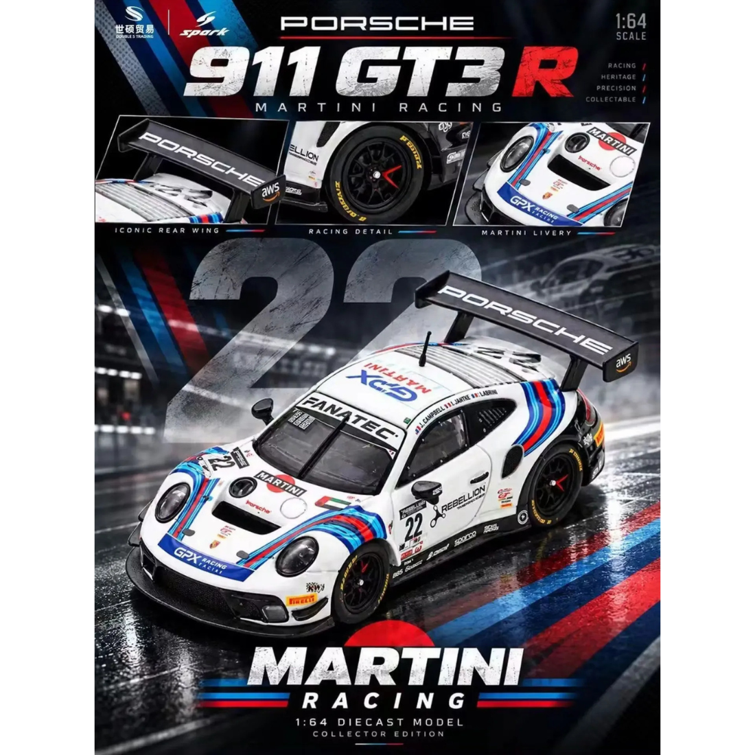*APAXPO 2026* Porsche 911 GT3 R #22 White GPX Martini Racing livery, 1:64 Scale