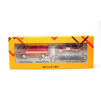 *APAXPO 2026* Fiat 242 Van with ELLEBI Flatbed Trailer and Fiat 131 Abarth Rally Car Set (Limited to 399units), 1:64 Scale
