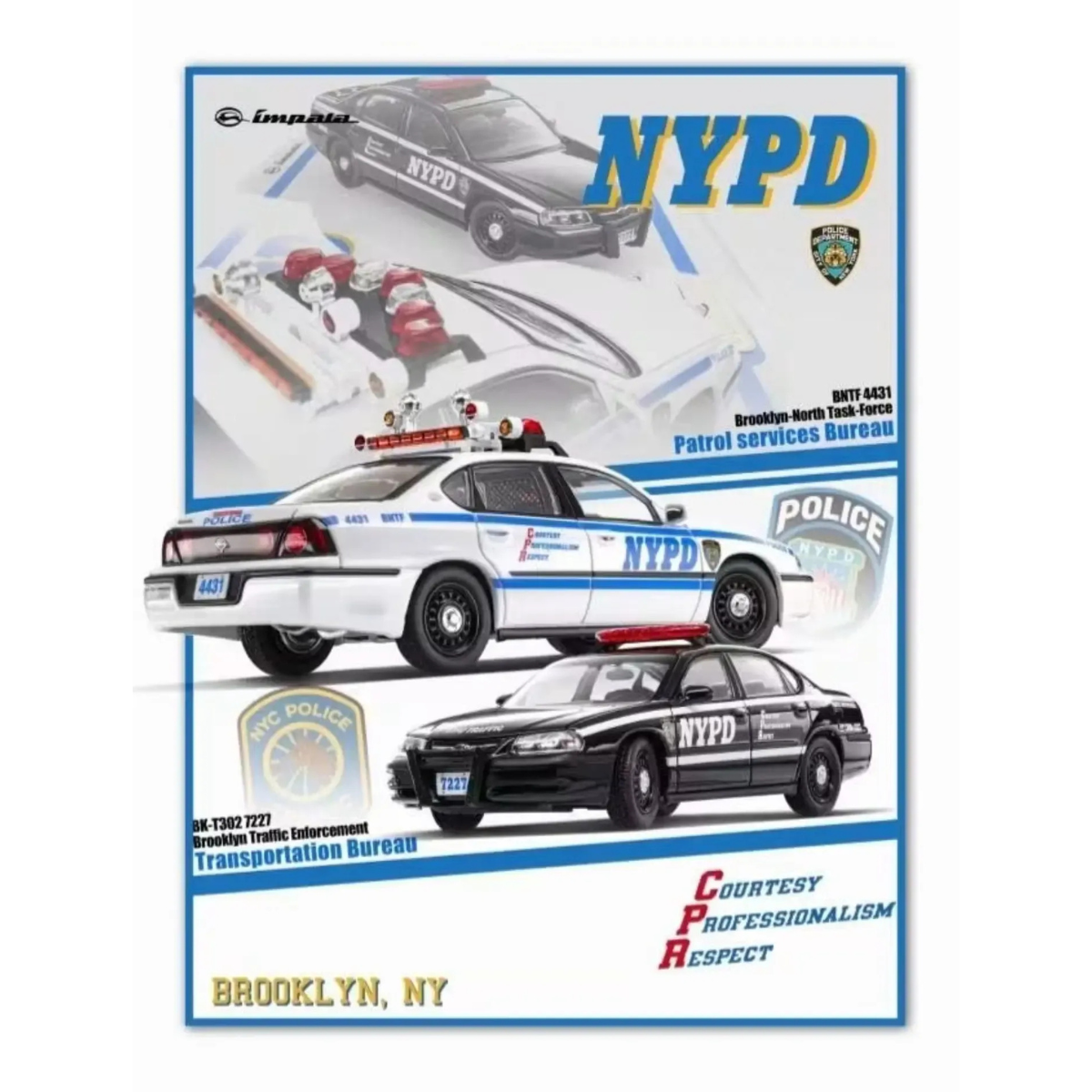 *APAXPO 2026* Chevrolet Impala (2 Car Set) White BNTF (Brooklyn North Task Forcel) NYPD livery, Black Brooklyn Traffic Enforcement NYPD livery, 1:64 Scale