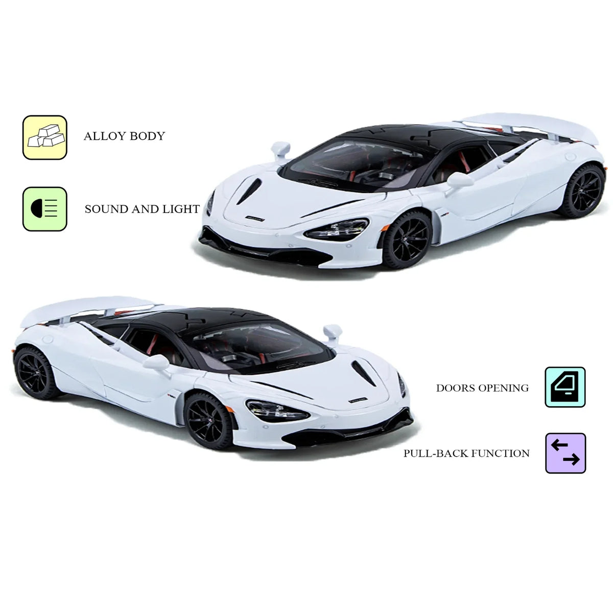 McLaren 720S - Light, Sound with Openable Doors, 1:24 Scale (White)