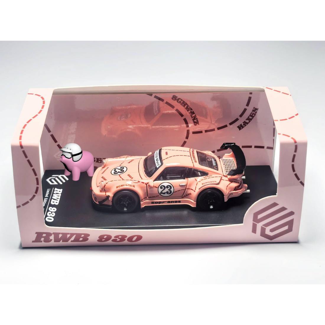 *PRE-ORDER* Porsche RWB930 GT Wing Pink Pig (Open-Engin & Rear Hoods+Doors, Visible Engine), 1:64 Scale