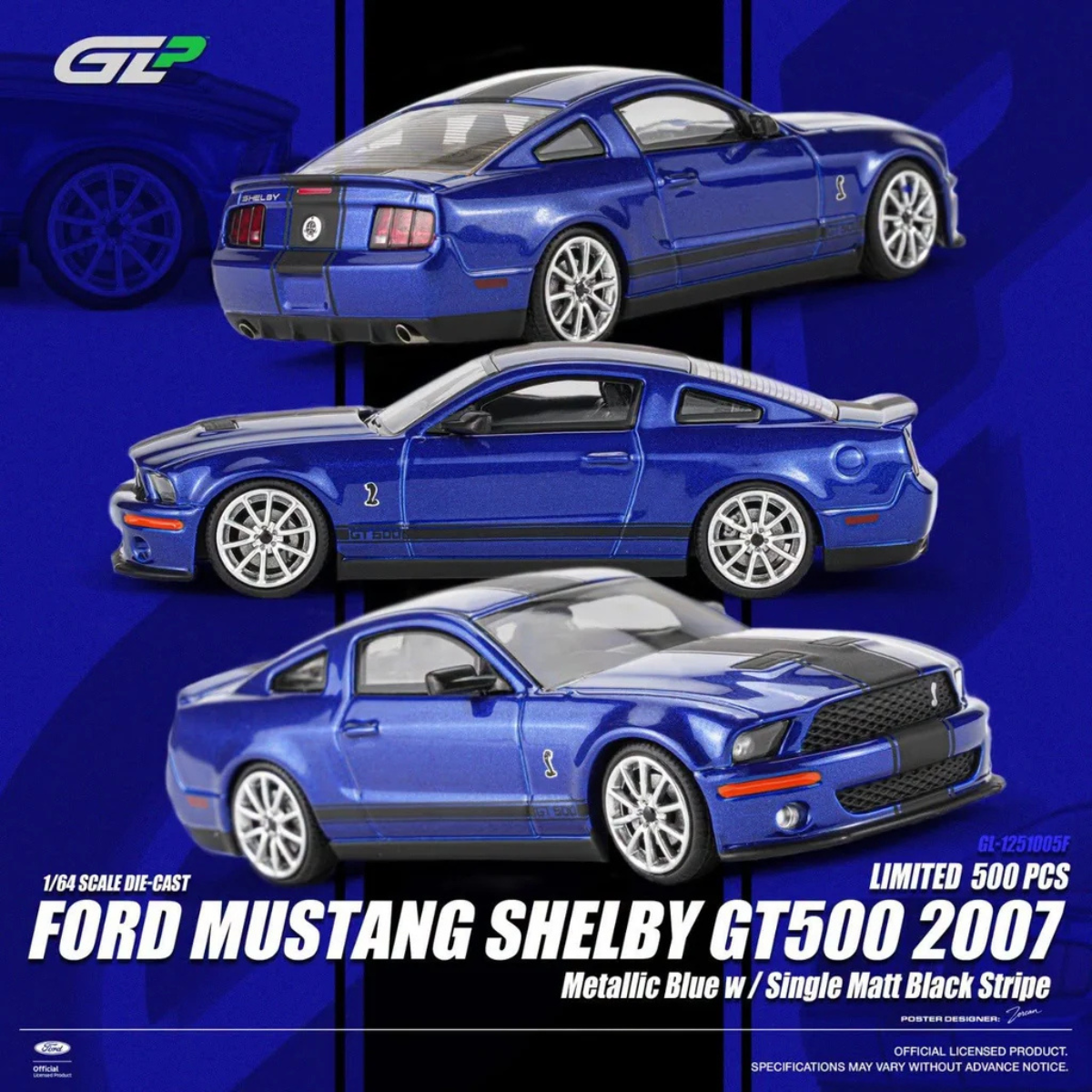 Ford Mustang Shelby GT500 2007 Metallic Blue w/ Single Matt Black Stripe, 1:64 Scale