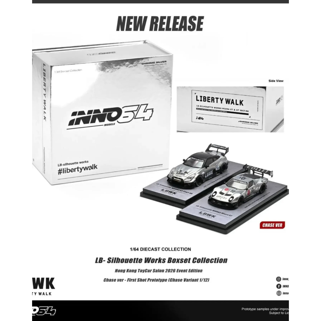 *HKTCS 2026* LB-Silhouette Works Miura GT and LB-Silhouette Works GT 35GT-RR 2 Car Set (Silver Chrome & Raw Silver) Chance of Chase Car, 1:64 Scale