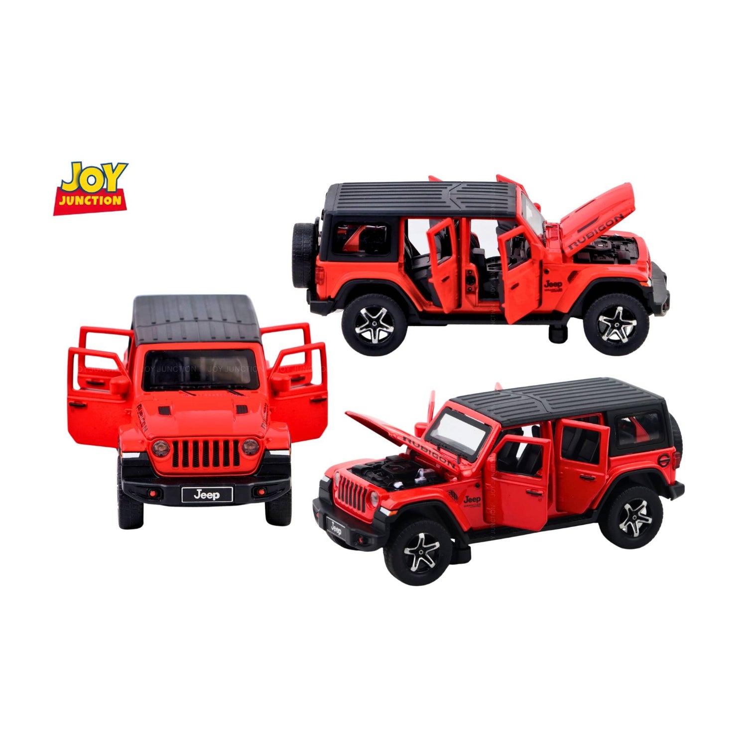Jeep Rubigon Pullback Toy Car - Light, Sound with Openable Doors, 1:32 Scale (Red)
