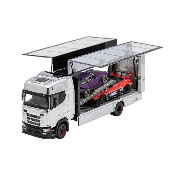 Premium scale diecast model car  – Scania 730 S No.138 Enclosed/Double Deck Tow Truck, 1:64 Scale (Silver) Collectible