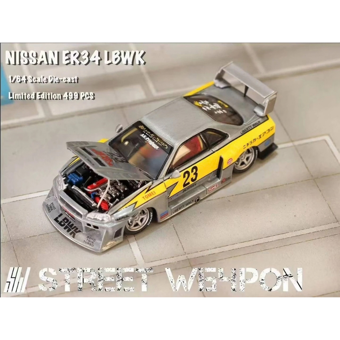 Nissan Skyline GT-R GTR R34 ER34 LBWK #23, 1:64 Scale (Silver & Yellow)