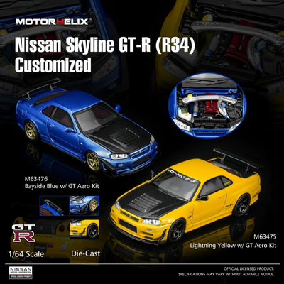 Premium scale diecast model car  – *PRE-ORDER* Nissan Skyline GT-R (R34) Customized W/GT Aero Kit, 1:64 Scale (Lightning Yellow) Collectible