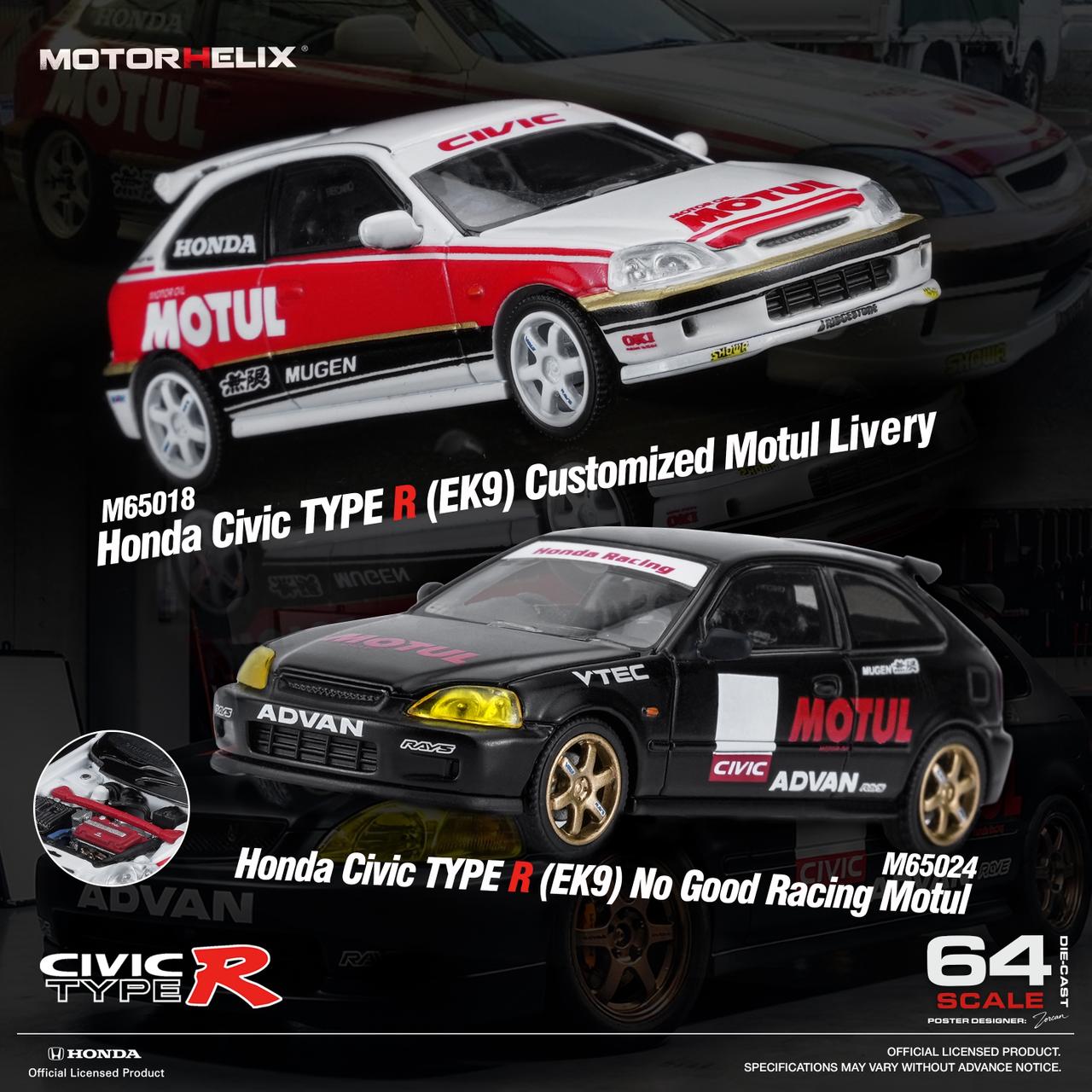 *PRE-ORDER* Honda Civic TYPE R (EK9) Customized Motul Livery Magnetic Engine Hood-Removable, 1:64 Scale (White)