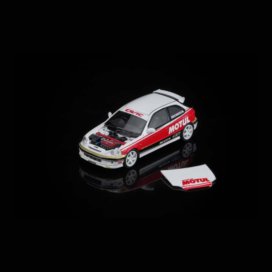 *PRE-ORDER* Honda Civic TYPE R (EK9) Customized Motul Livery Magnetic Engine Hood-Removable, 1:64 Scale (White)