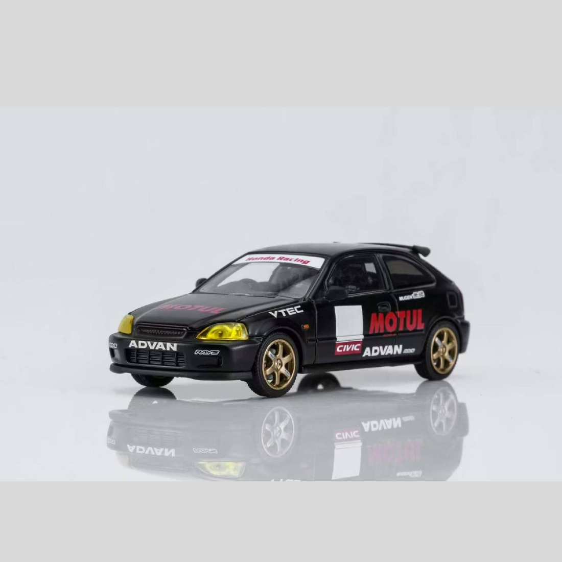 *PRE-ORDER* Honda Civic TYPE R (EK9) No Good Racing Motul Magnetic Engine Hood-Removable (Matt Black with Yellow Head Lights), 1:64 Scale
