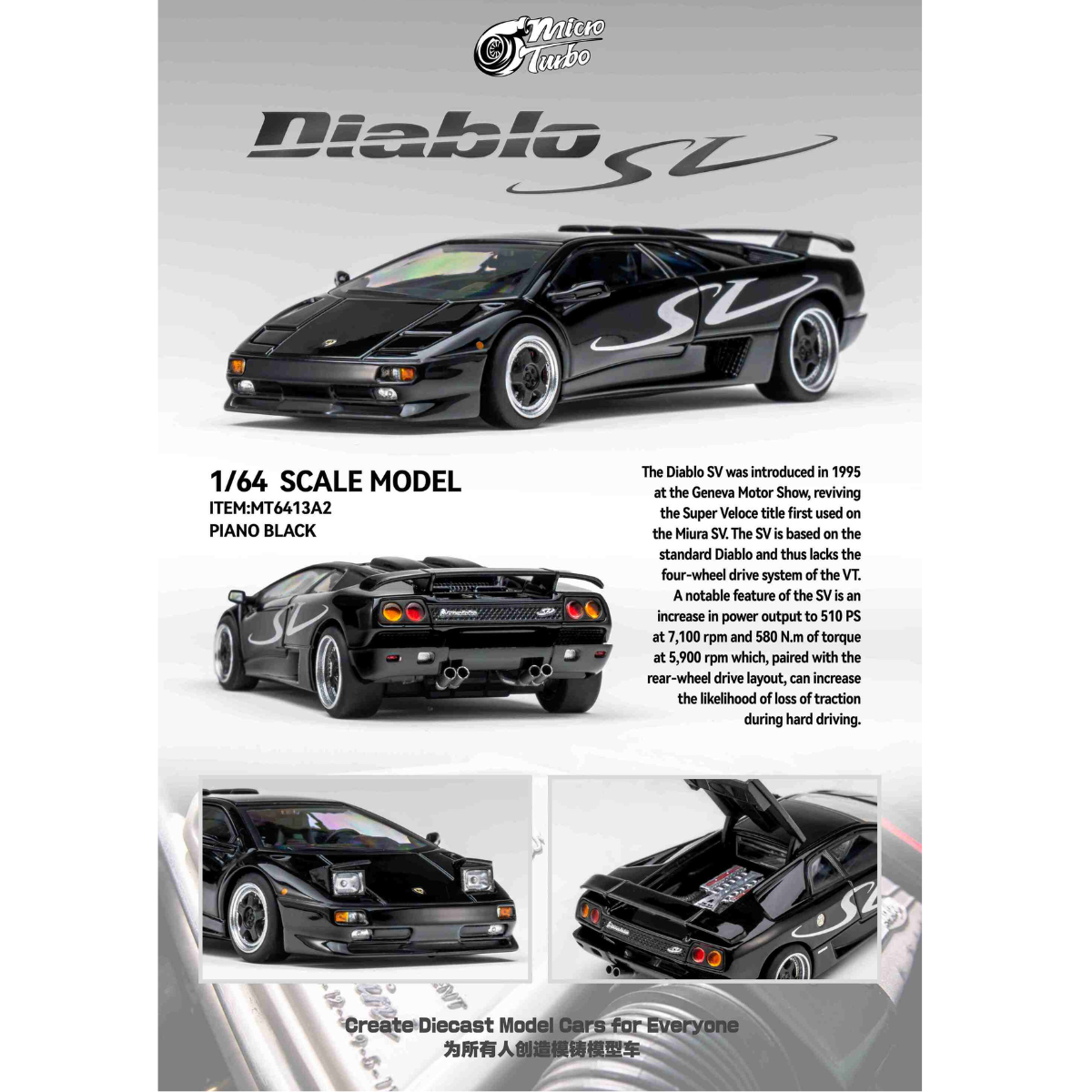 *PRE-ORDER* Custom Lamborghini Diablo SV, 1:64 Scale (Metallic Black)