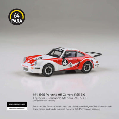Premium scale diecast model car  – Porsche 911 Carrera RSR 3.0 Equador - Fernando Madera 1976, 1:64 Scale (White & Red) Collectible