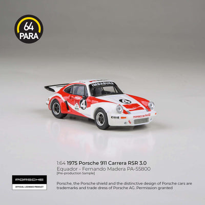 Premium scale diecast model car  – Porsche 911 Carrera RSR 3.0 Equador - Fernando Madera 1976, 1:64 Scale (White & Red) Collectible