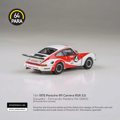 Premium scale diecast model car  – Porsche 911 Carrera RSR 3.0 Equador - Fernando Madera 1976, 1:64 Scale (White & Red) Collectible