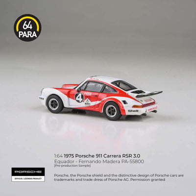 Premium scale diecast model car  – Porsche 911 Carrera RSR 3.0 Equador - Fernando Madera 1976, 1:64 Scale (White & Red) Collectible