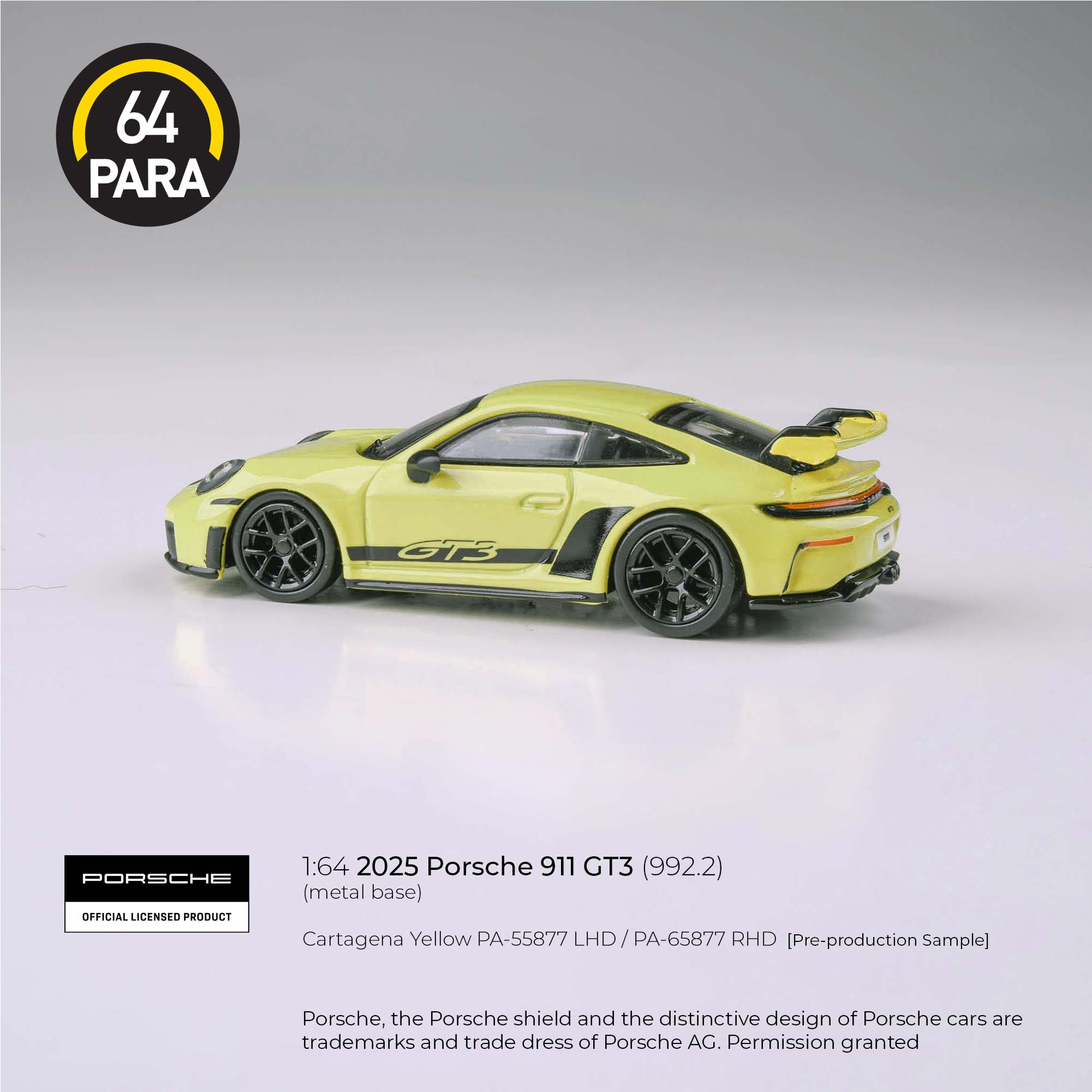 Premium scale diecast model car  – *PRE-ORDER* Porsche 911 GT3 992.2 Cartagena 2025, 1:64 Scale (Yellow) Collectible