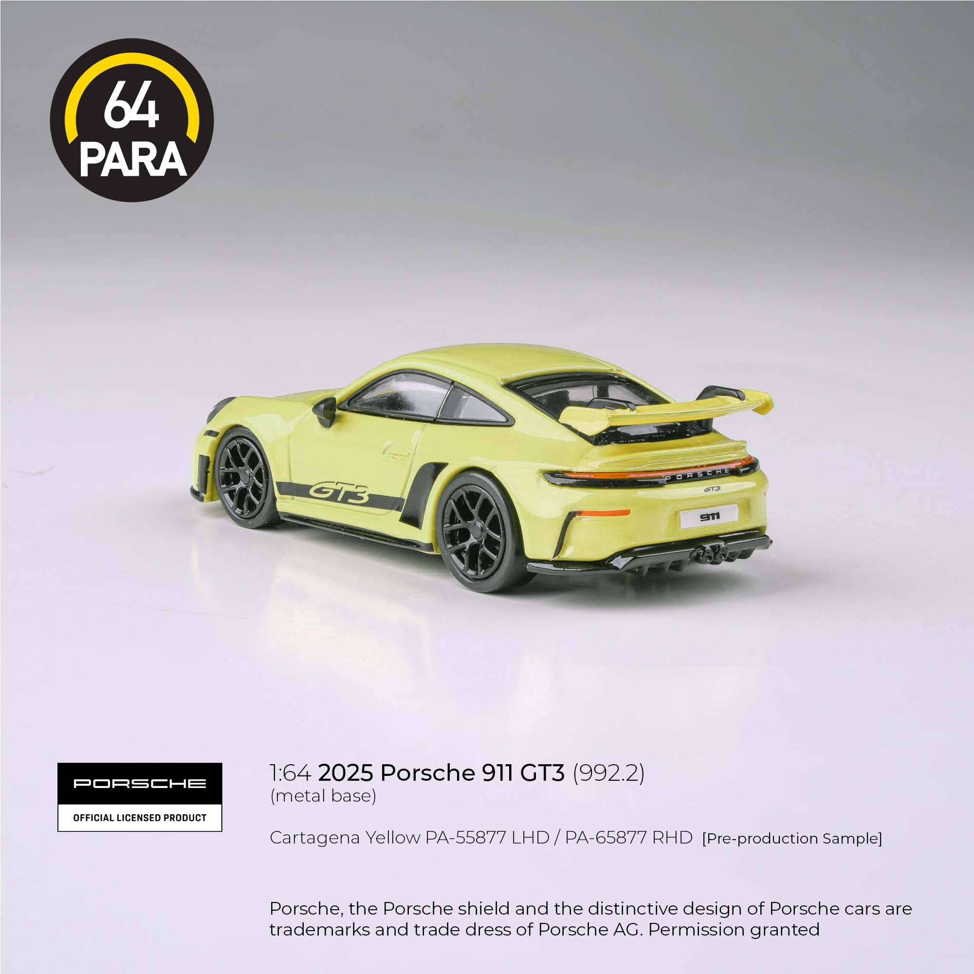 Premium scale diecast model car  – *PRE-ORDER* Porsche 911 GT3 992.2 Cartagena 2025, 1:64 Scale (Yellow) Collectible