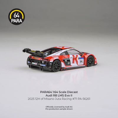 Premium scale diecast model car  – Audi R8 LMS Evo 2025 12H of Misano Juta Racing #71, 1:64 Scale (White & Red) Collectible