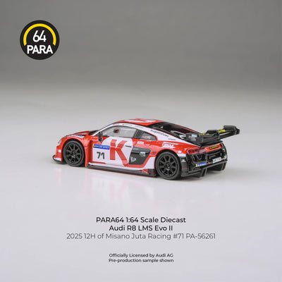 Premium scale diecast model car  – Audi R8 LMS Evo 2025 12H of Misano Juta Racing #71, 1:64 Scale (White & Red) Collectible