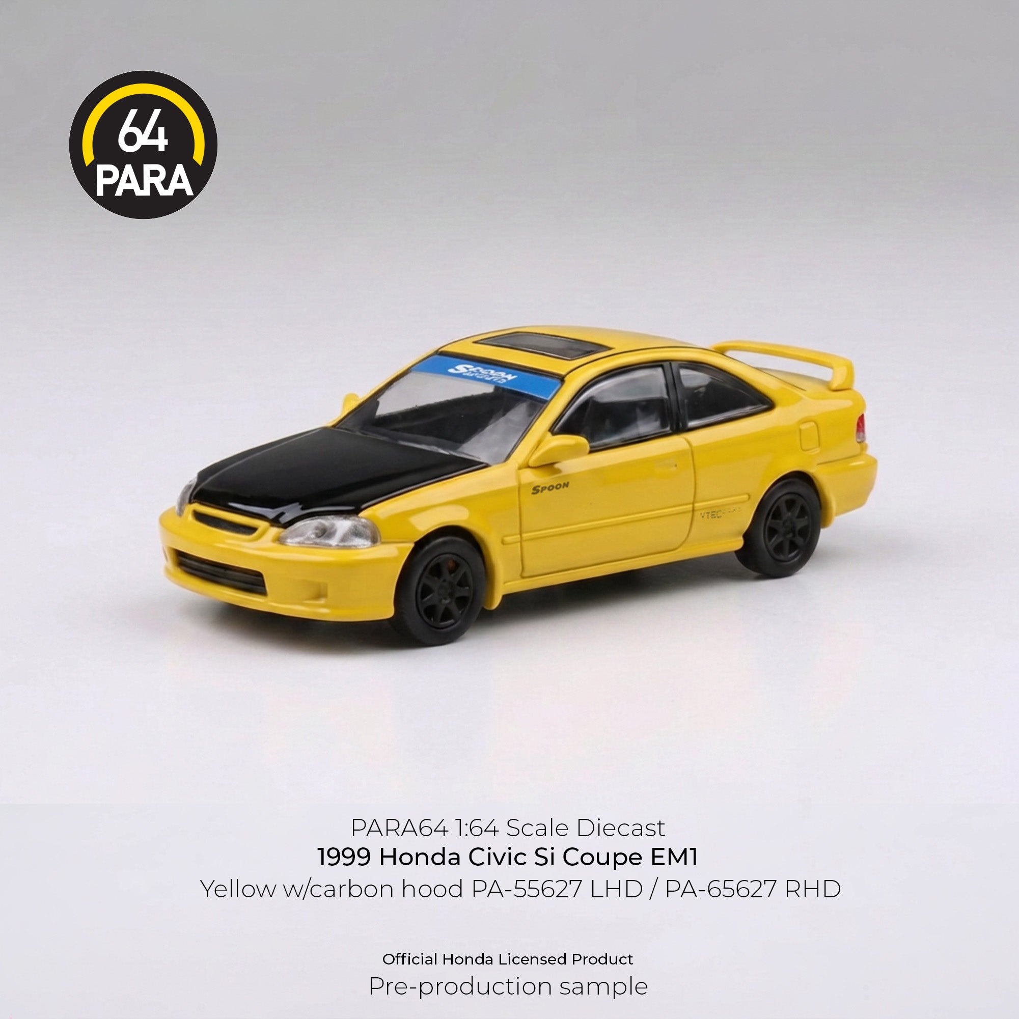 *PRE-ORDER* Honda Civic Coupe EM1 Yellow with Carbon hood 1999, 1:64 Scale