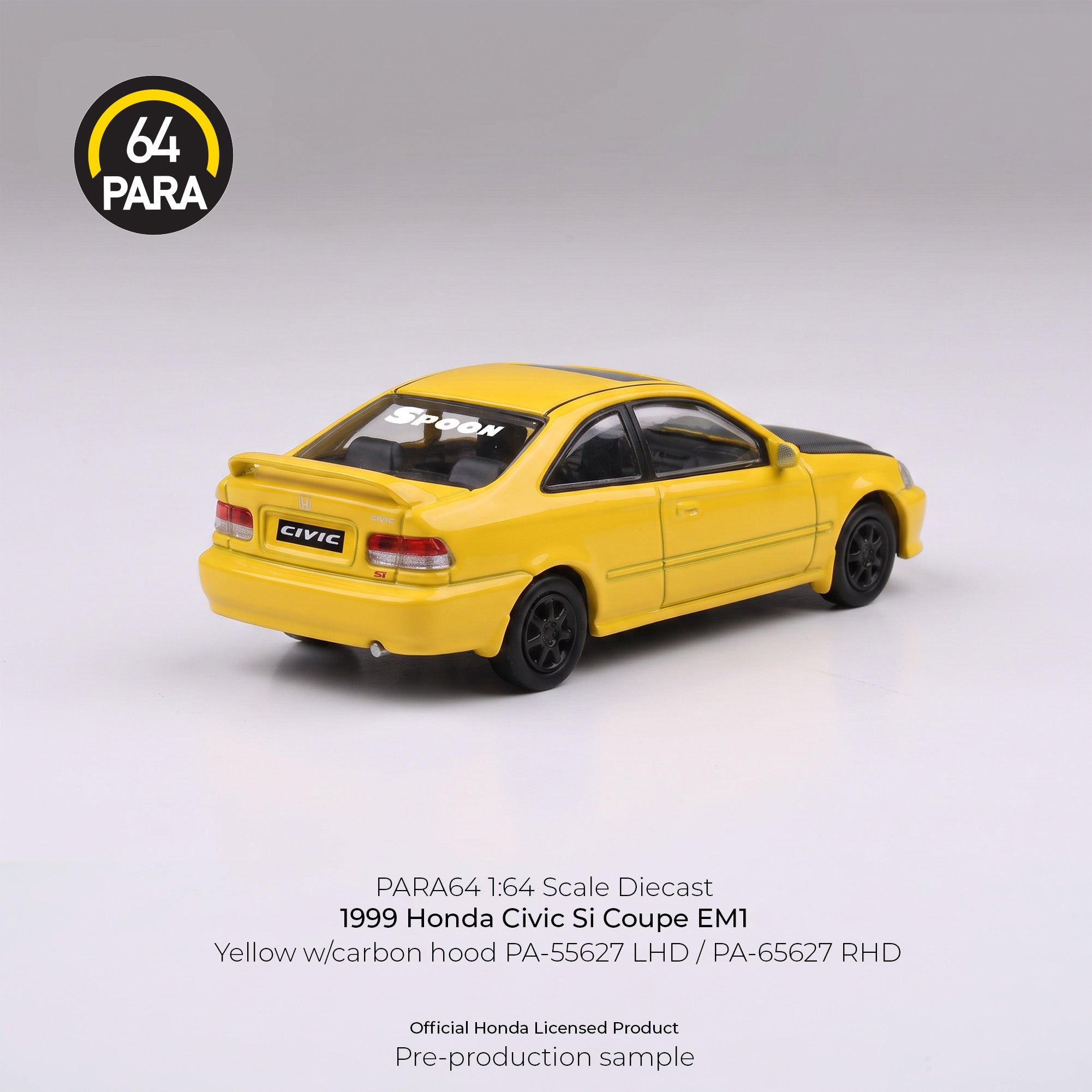 *PRE-ORDER* Honda Civic Coupe EM1 Yellow with Carbon hood 1999, 1:64 Scale