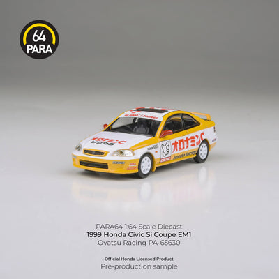 Premium scale diecast model car  – Honda Civic EM1 Oyatsu Racing 1999, 1:64 Scale (Yellow) Collectible