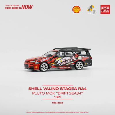 Premium scale model car for display – *PRE-ORDER* Shell Valino Stagea R34 Pluto Mok "Driftgea34", 1:64 Scale (Red) Collectible