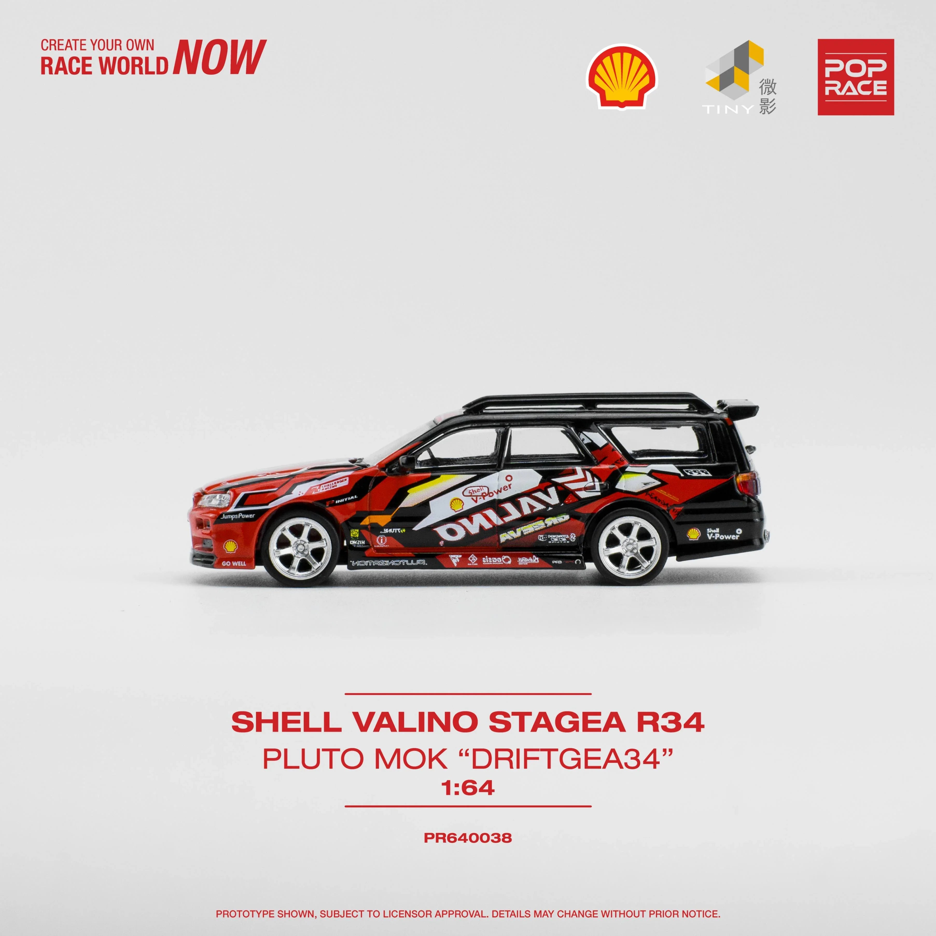 Premium scale model car for display – *PRE-ORDER* Shell Valino Stagea R34 Pluto Mok "Driftgea34", 1:64 Scale (Red) Collectible