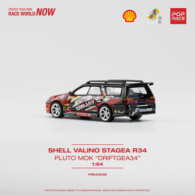 Premium scale model car for display – *PRE-ORDER* Shell Valino Stagea R34 Pluto Mok "Driftgea34", 1:64 Scale (Red) Collectible