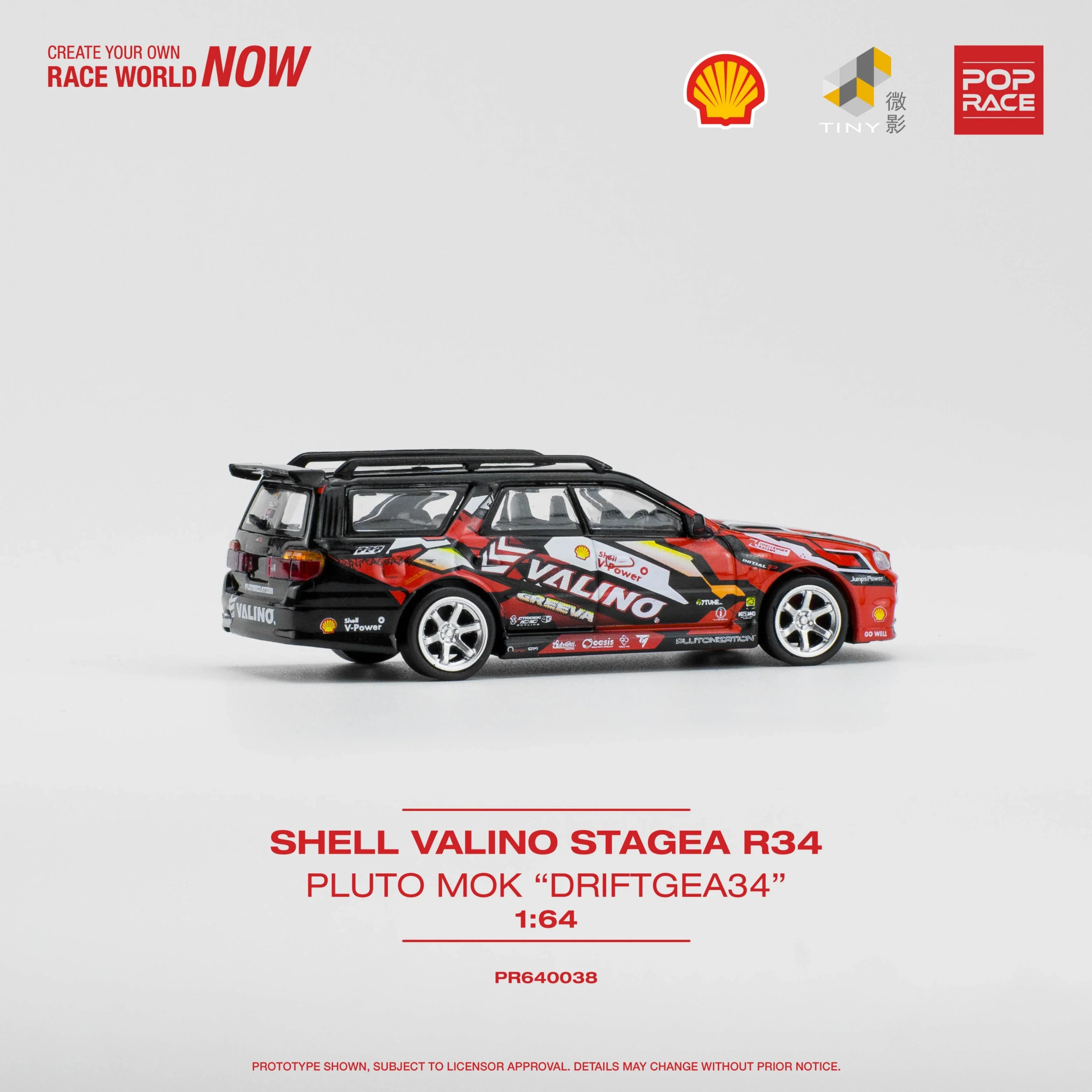 Premium scale model car for display – *PRE-ORDER* Shell Valino Stagea R34 Pluto Mok "Driftgea34", 1:64 Scale (Red) Collectible