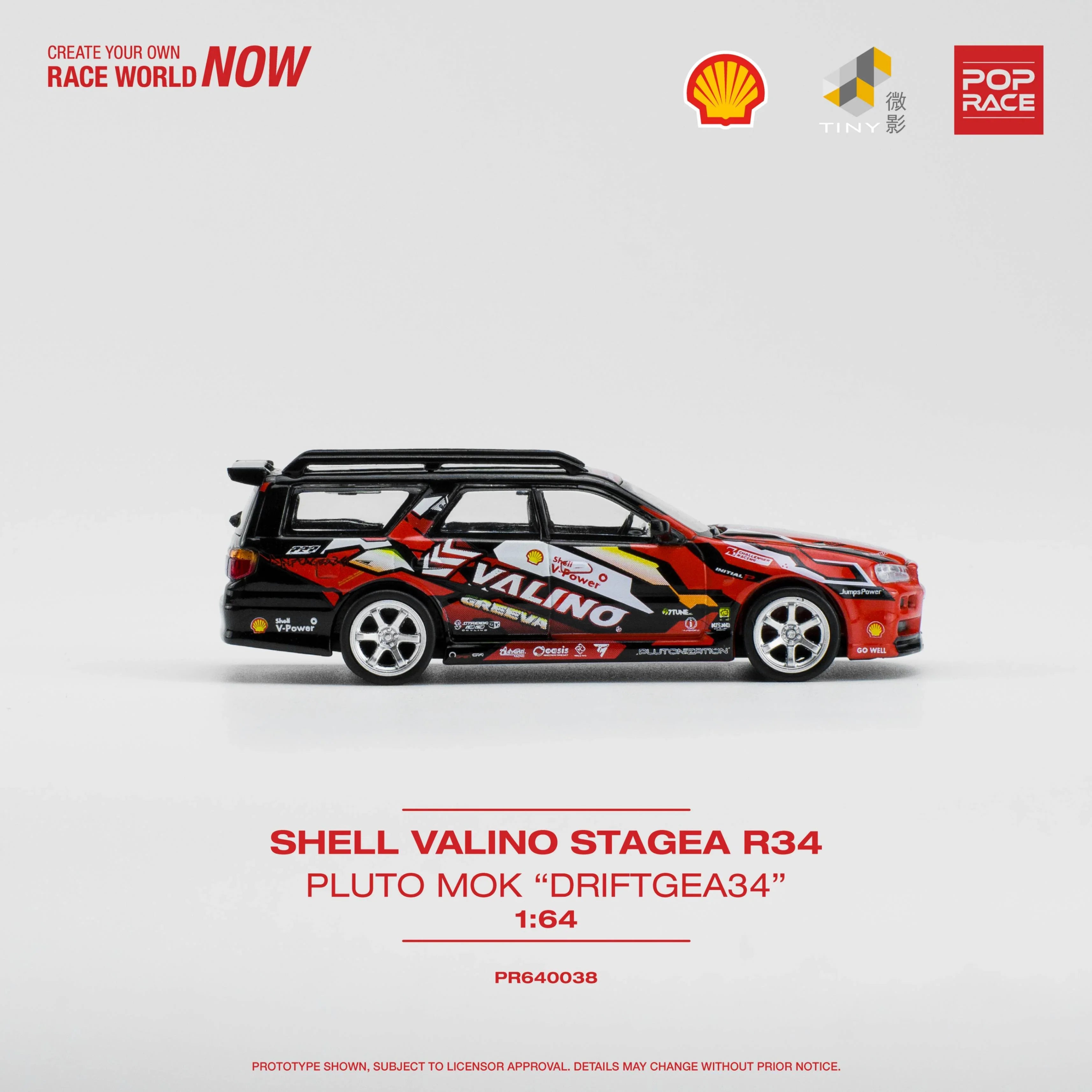 Premium scale model car for display – *PRE-ORDER* Shell Valino Stagea R34 Pluto Mok "Driftgea34", 1:64 Scale (Red) Collectible