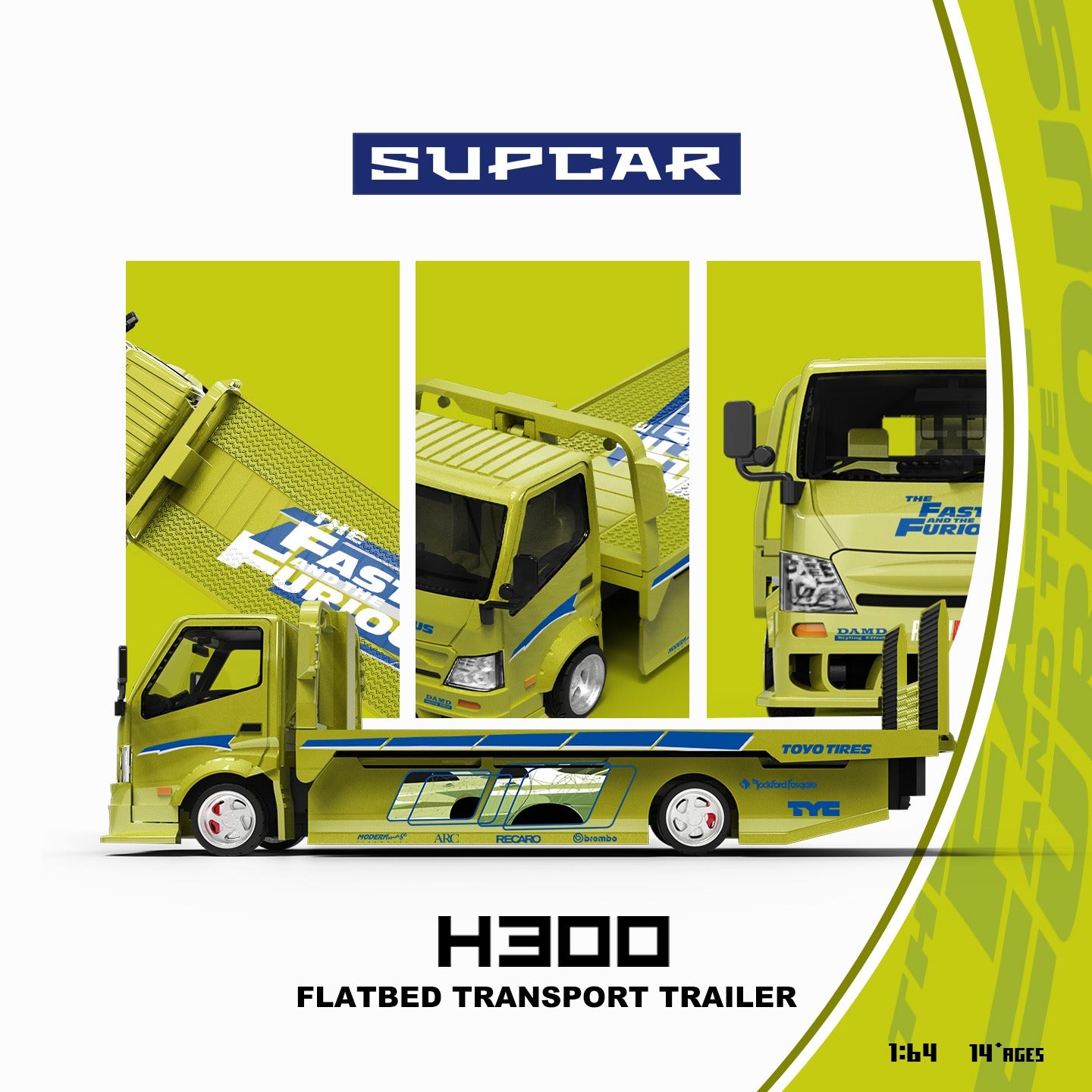 *PRE-ORDER* SUPCAR 1:64 H300 Flatbed Transport Trailer - Fast and Furious Lime Yellow Painted, 1:64 Scale